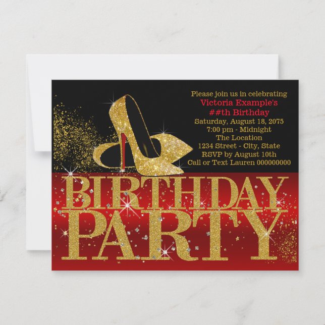 Red Black Gold High Heel Birthday Invitation (Front)