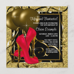 Red Black Gold High Heels Womans Birthday Party Invitation