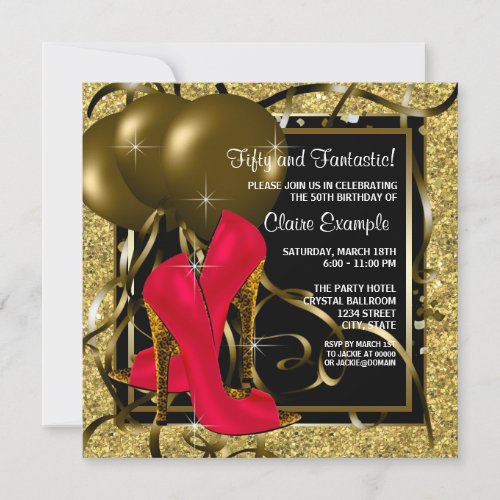 Red Black Gold High Heels Womans Birthday Party Invitation