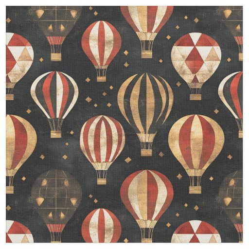 Red / Black / Gold Hot Air Balloons on Black Fabric