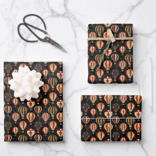 Red / Black / Gold Hot Air Balloons on Black Wrapping Paper Sheets