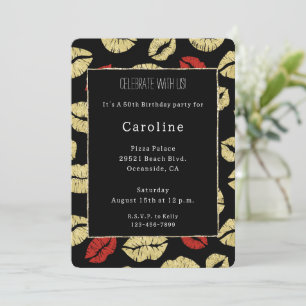 Red Black Gold Lips 50th Birthday   Invitation