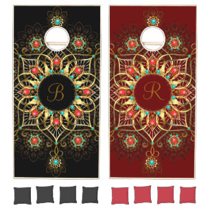 Red Black Gold Mandala Monogram Cornhole Set 