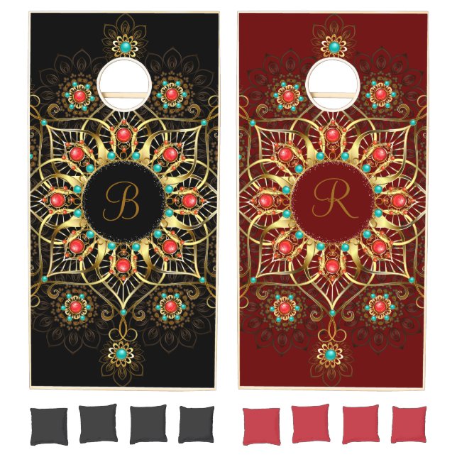 Red Black Gold Mandala Monogram Cornhole Set  (Set)