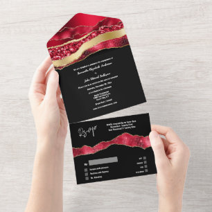 Red black gold marble agate elegant engagement  all in one invitation