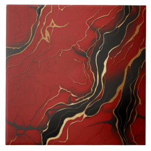 Red black gold Marbled Swirl Lines Ceramic Tile