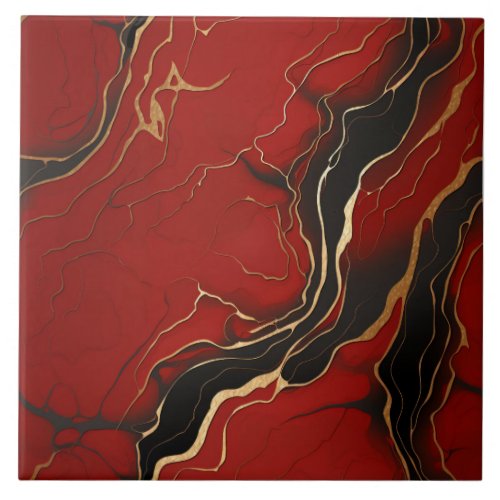 Red black gold Marbled Swirl Lines Ceramic Tile