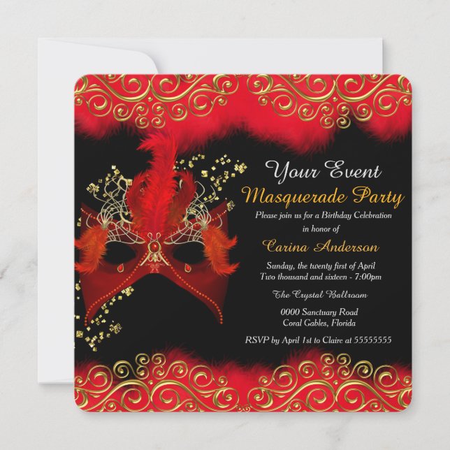 Red Black Gold Mask Masquerade Birthday Party Invitation (Front)
