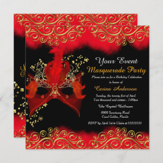 Red Black Gold Mask Masquerade Birthday Party Invitation