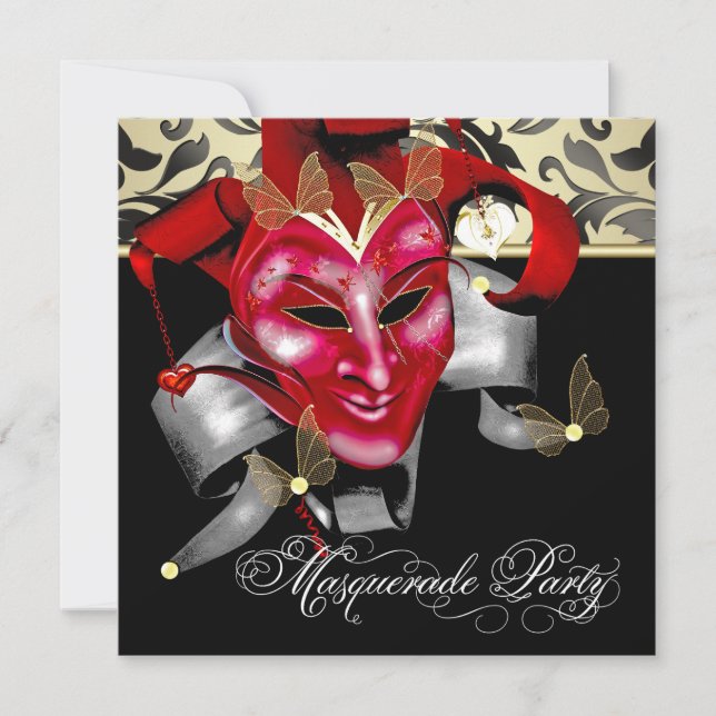 Red Black Gold Masquerade Party Invitations (Front)