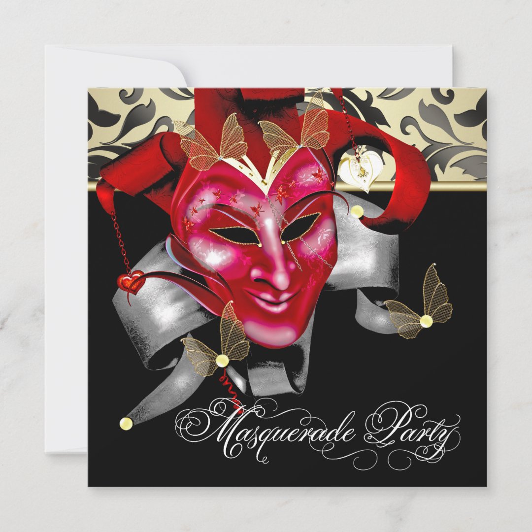 Red Black Gold Masquerade Party Invitations | Zazzle