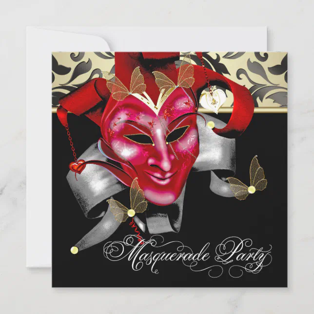 Red Black Gold Masquerade Party Invitations | Zazzle