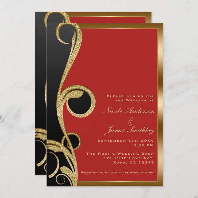 Red Black & Gold Modern Glam Elegant Swirl Wedding Invitation (Front/Back)