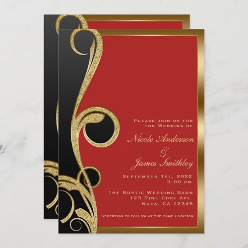 Red Black  Gold Modern Glam Elegant Swirl Wedding Invitation