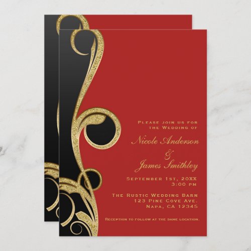 Red Black  Gold Modern Glam Elegant Swirl Wedding Invitation