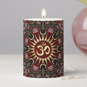 Red Black Gold OM Courage Energy Mandala Pillar Candle