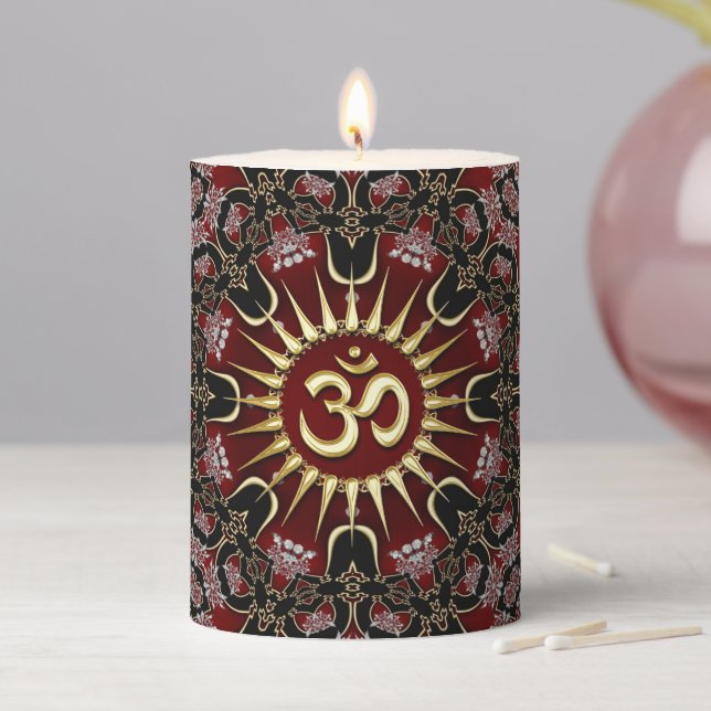 Red Black Gold OM Courage Energy Mandala Pillar Candle (In Situ)