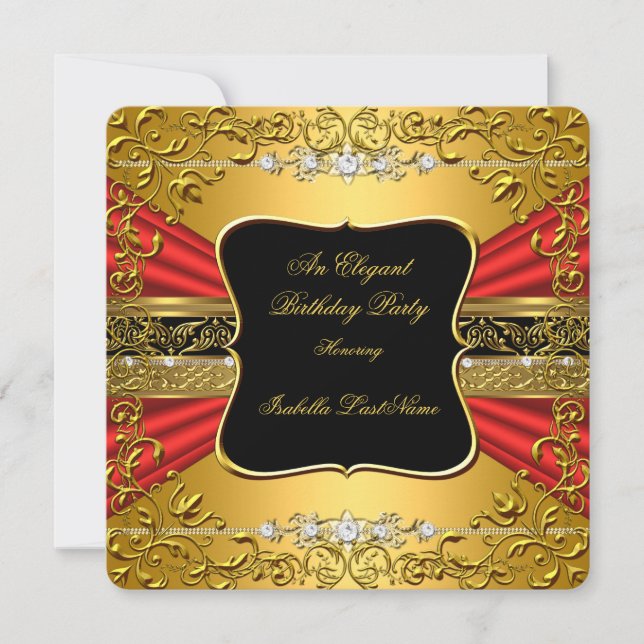 Red Black Gold Ornate Birthday Party Invitation (Front)