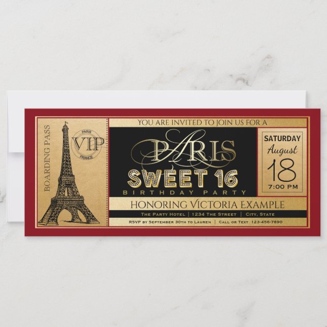 Red Black Gold Paris Sweet 16 Ticket Invitation (Front)
