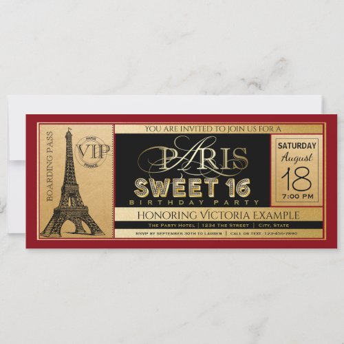 Red Black Gold Paris Sweet 16 Ticket Invitation