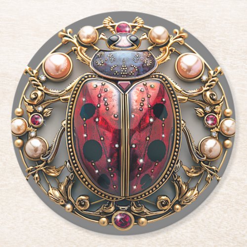 Red Black Gold Pearls Rubies Diamonds Elegant Round Paper Coaster