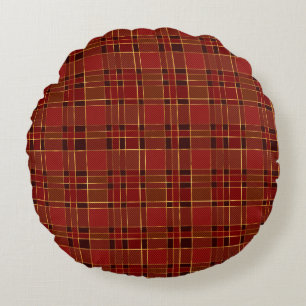 Red Black Gold Plaid Round Pillow