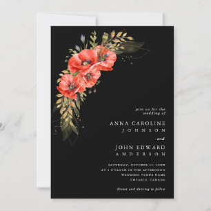 Red Black Gold Poppy Flowers QR Code Photo Wedding Invitation
