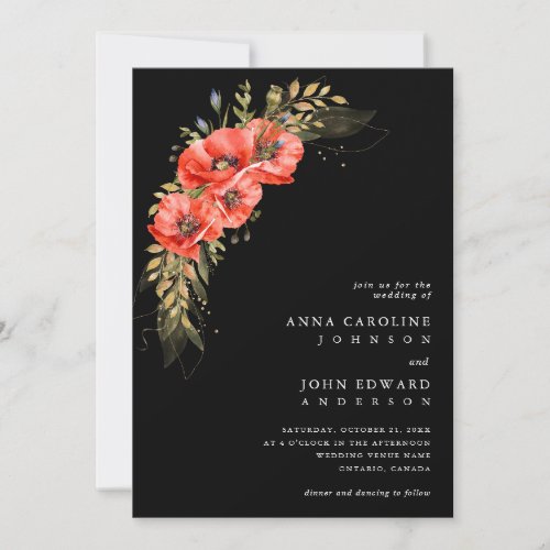 Red Black Gold Poppy Flowers QR Code Photo Wedding Invitation