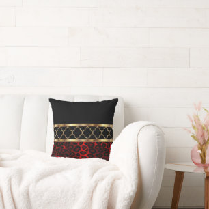 Red, Black & Gold Quatrefoil and Leopard  Throw Pillow