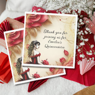 Red Black Gold Quinceañera Dress Roses Custom Napkins