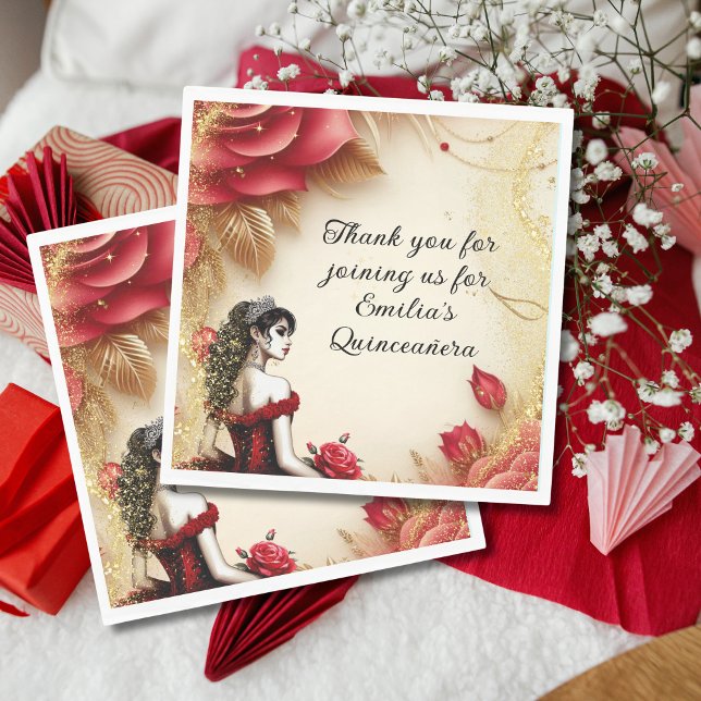 Red Black Gold Quinceañera Dress Roses Custom Napkins (Creator Uploaded)