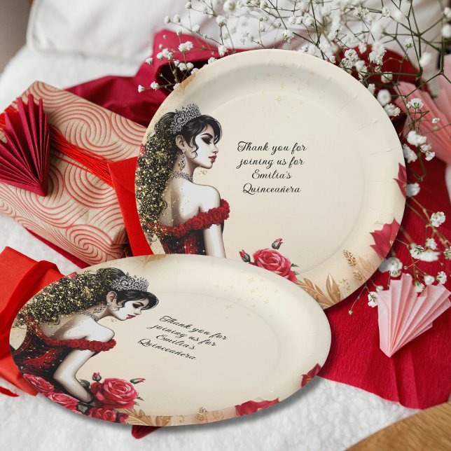 Red Black Gold Roses Quinceañera Dress Custom Paper Plates (Creator Uploaded)
