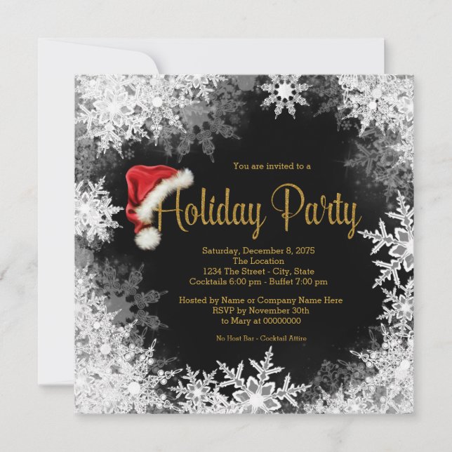 Red Black Gold Santa Hat Snowflake Holiday Party Invitation (Front)