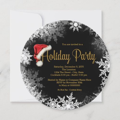 Red Black Gold Santa Hat Snowflake Holiday Party Invitation