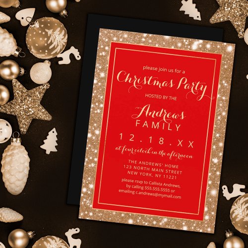 Red Black Gold Sparkly Glitter Bling Christmas Invitation