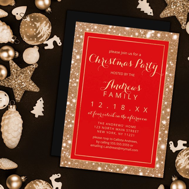 Red Black Gold Sparkly Glitter Bling Christmas Invitation (Creator Uploaded)