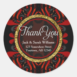 Red Black + Gold Thank You round Stickers