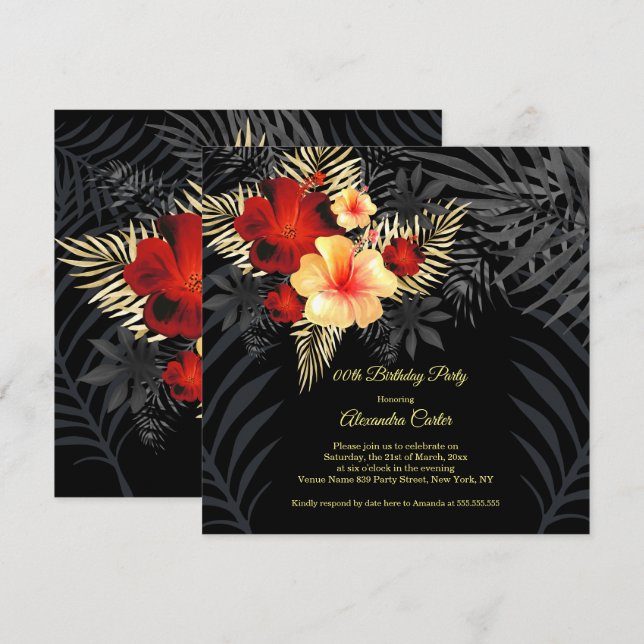 Red Black Gold yellow Hibiscus Floral Birthday Invitation (Front/Back)