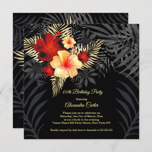 Red Black Gold yellow Hibiscus Floral Birthday Invitation