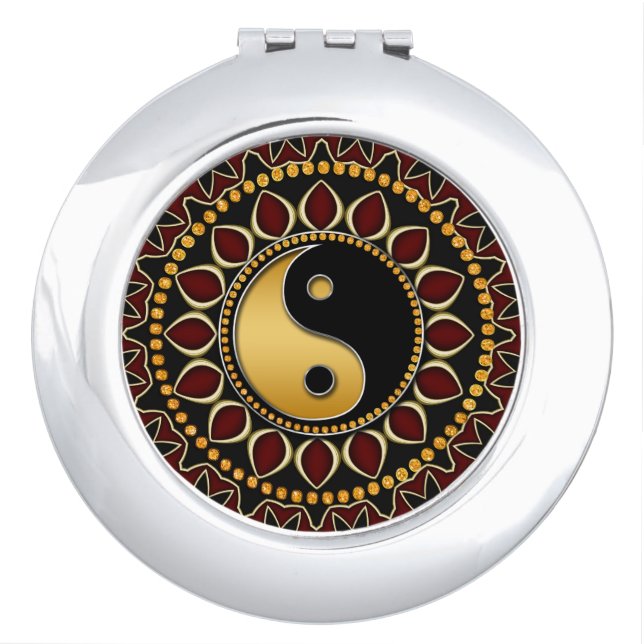 Red Black Gold Yin Yang Mandala Compact Mirror (Front)