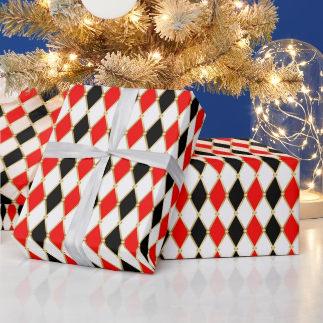 Red Black Golden Harlequin Christmas Holiday Wrapping Paper (Holidays)