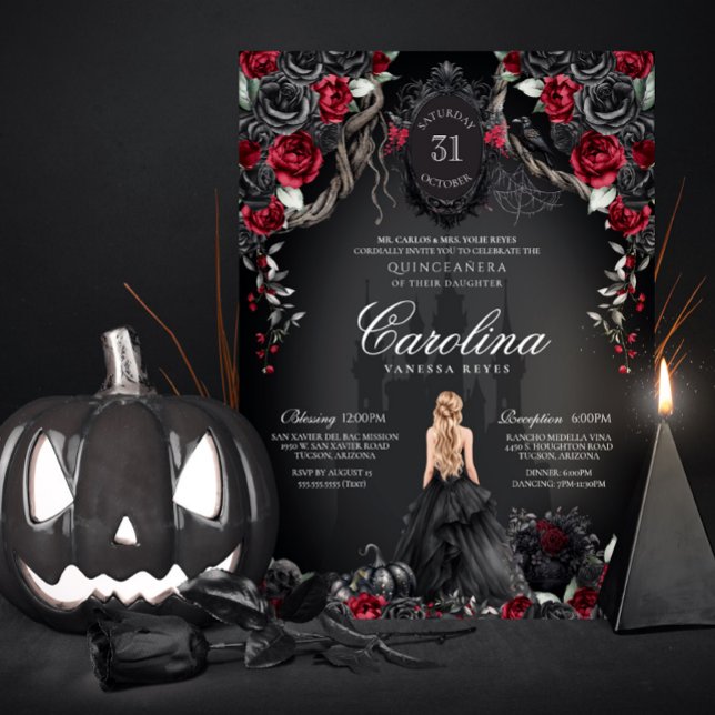 Red & Black Gothic Haunted Spooky Quinceanera Invitation (Creator Uploaded)