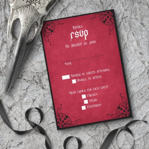 Red Black Gothic Wedding RSVP Card
