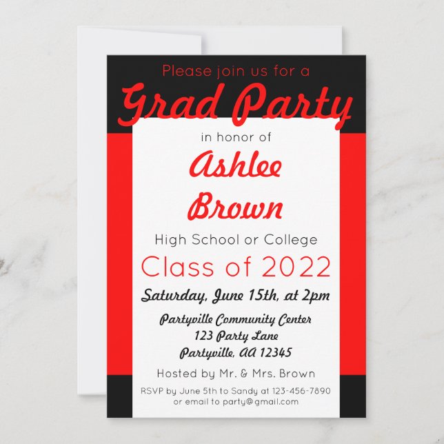 Red Black Grad Party Bold Graduation Invitation (Front)