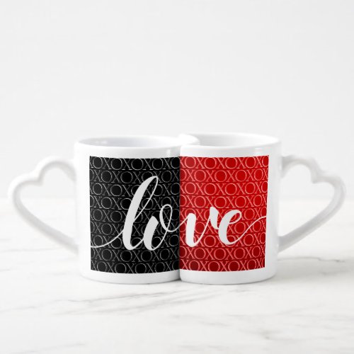 Red Black Gradient Embossed XOXO Handwritten Love Coffee Mug Set