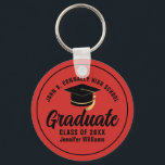 Red Black Graduate Personalized 2025 Graduation Keychain<br><div class="desc">This modern red and black customizable senior graduate keychain features your high school or college name for the class of 2025. Customize with your graduating year under the chic handwritten script and black grad cap for a great personalized graduation key chain gift.</div>