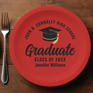 Red Black Graduate Personalized Graduation Party Paper Plates