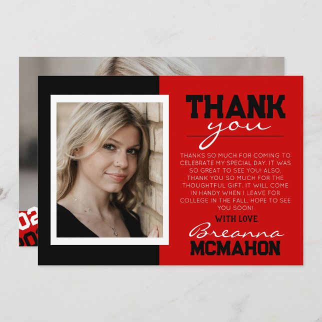 Red & Black Graduation 2  Photo Thank You Card ( Repeating Class Year 1 & 2 Photo Graduation Invitations & Announcements)