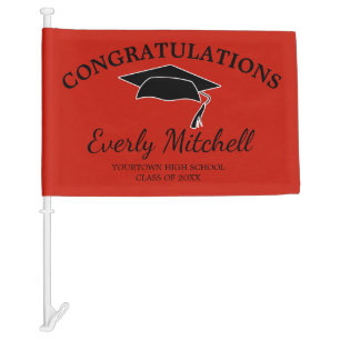 Red Black Graduation Cap High School College Car Flag