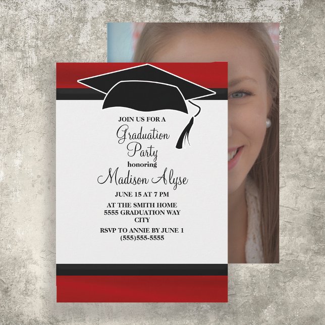 Red Black Graduation Cap Party Photo Invitation (Creator Uploaded)